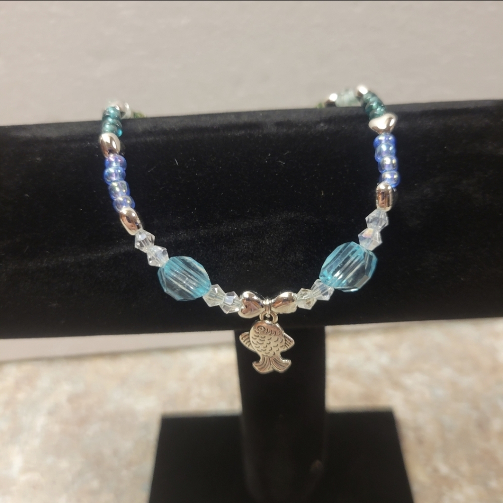 Handcrafted Silver, Blue, Clear Crystal Ankle Bracelet with Silver Fish Charm